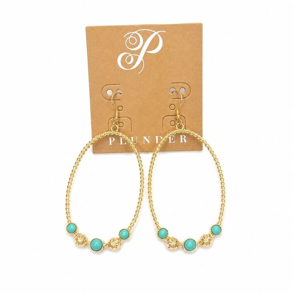 Plunder Design Cara Earrings Gold Oval Hoop Dangle Turquoise Beaded Boho cute